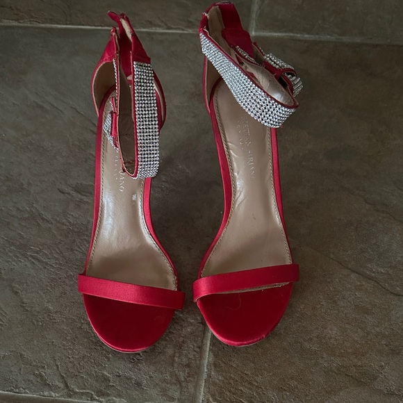 Christian Siriano Red Satin Heels with Rhinestone Straps size 8  👠 - run big - Picture 1 of 10